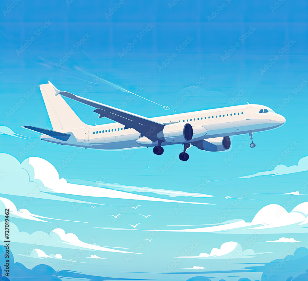 Flat airplane illustration, vector. Flying plane, takeoff, landing Flat airplane illustration, vector. Flying plane, takeoff, landing
