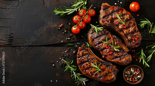 Juicy grilled pork steaks seasoned with exquisite spices  perfectly charred to enhance the smoky flavor. A mouthwatering culinary delight ready to tantalize your taste buds.