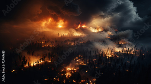 Sprawling and vibrant forest ignites into a mesmerizing inferno  casting a powerful and breathtaking glow upon the lush vegetation and towering trees.