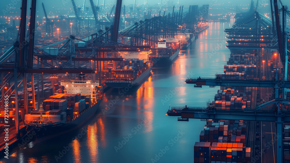 Industrial port handling logistics and transportation of international container cargo ship, including commercial dock operations, harbor management, and cargo container shipping.