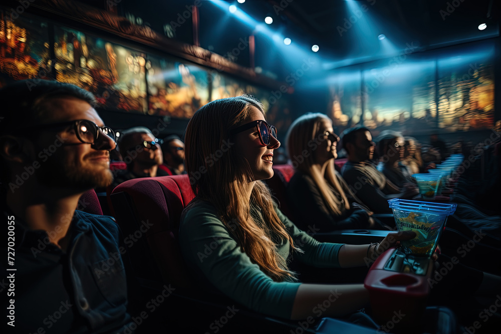 Cinematic Connections: diverse group of individuals gathered together in movie theater, eagerly engrossed in the cinematic experience.