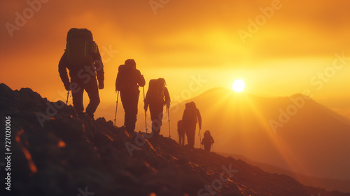 Adventure and exploration, showing a group of friends hiking to the peak of a stunning mountain at dawn.