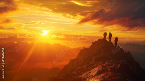 Adventure and exploration, showing a group of friends hiking to the peak of a stunning mountain at dawn.
