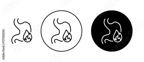 Heartburn icon set. Acid reflux discomfort vector symbol in a black filled and outlined style. Gastric pain sign.