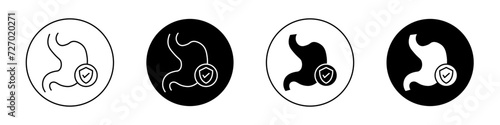 Stomach protection icon set. Digestive intestine and gut health vector symbol in a black filled and outlined style. Protected gastric care sign.