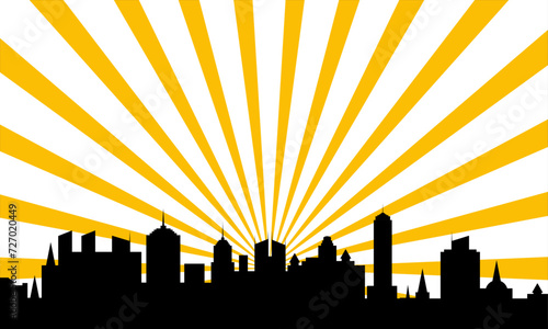 sunburst cityscape silhouette sunset vector illustration with yellow sunray