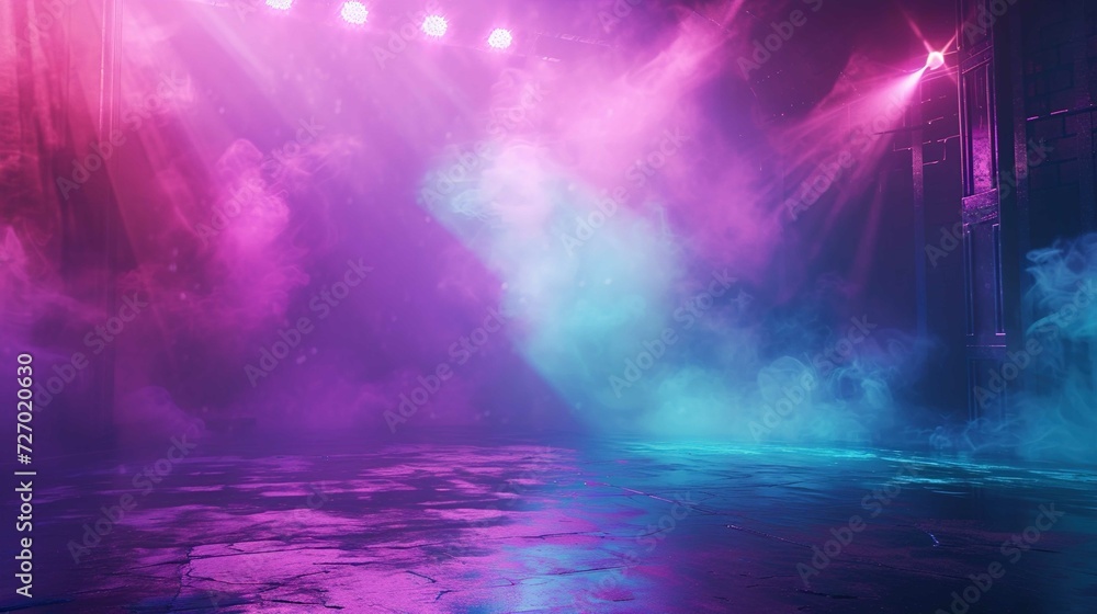 The dark stage shows, empty dark blue, purple, pink background, spotlights, neon light. The asphalt floor and studio room with smoke float up the interior texture for display products