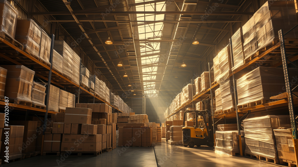 Warehouse full of shelves with goods in cartons, with pallets and forklifts. Logistics and transportation Warehouse full of shelves with goods in cartons, with pallets and forklifts. Logistics and transportation