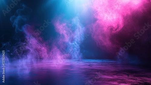 The dark stage shows  empty dark blue  purple  pink background  spotlights  neon light. The asphalt floor and studio room with smoke float up the interior texture for display products