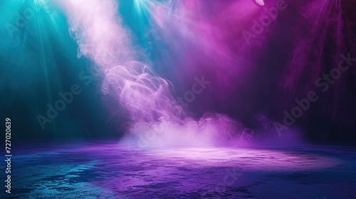 The dark stage shows, empty dark blue, purple, pink background, spotlights, neon light. The asphalt floor and studio room with smoke float up the interior texture for display products