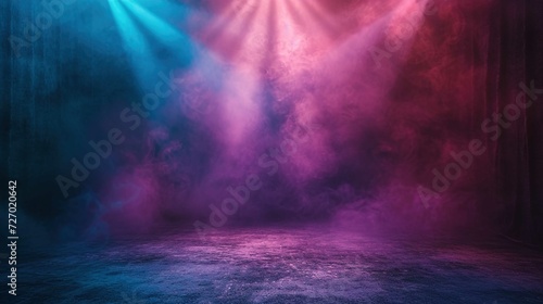 The dark stage shows, empty dark blue, purple, pink background, spotlights, neon light. The asphalt floor and studio room with smoke float up the interior texture for display products © Huong
