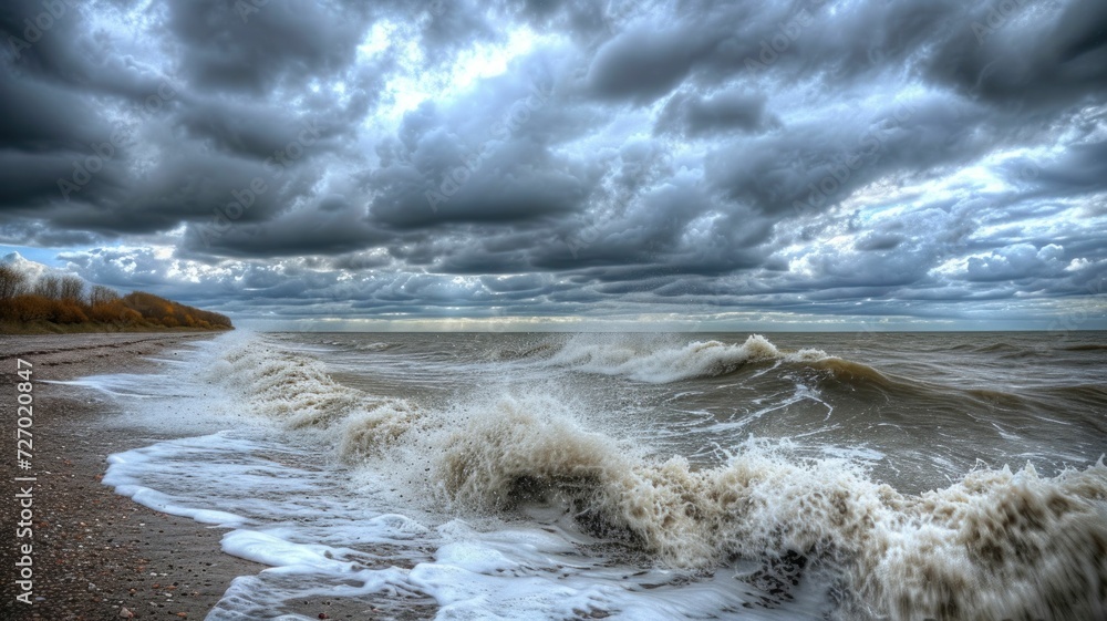 Coastal scene during a storm, with dramatic clouds and the turbulent sea.