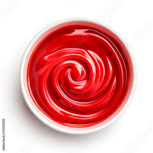 Ketchup in bowl isolated on white background, top view