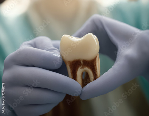 Cross-Section of Tooth in Medical Examination, a detailed view of tooth layers held by a professional in blue gloves AI Generated photo
