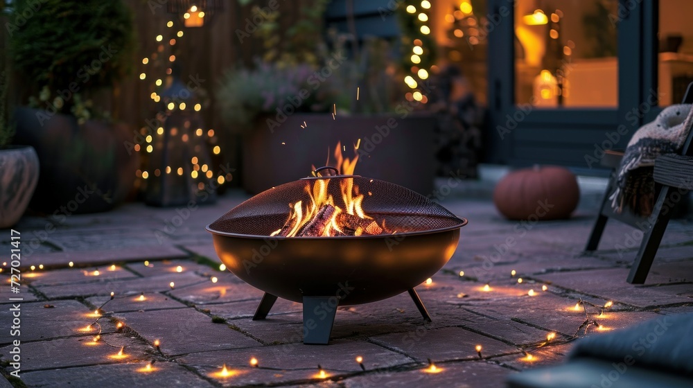 Beautiful backyard firepit at dusk with comfortable chairs Beautiful backyard firepit at dusk with comfortable chairs