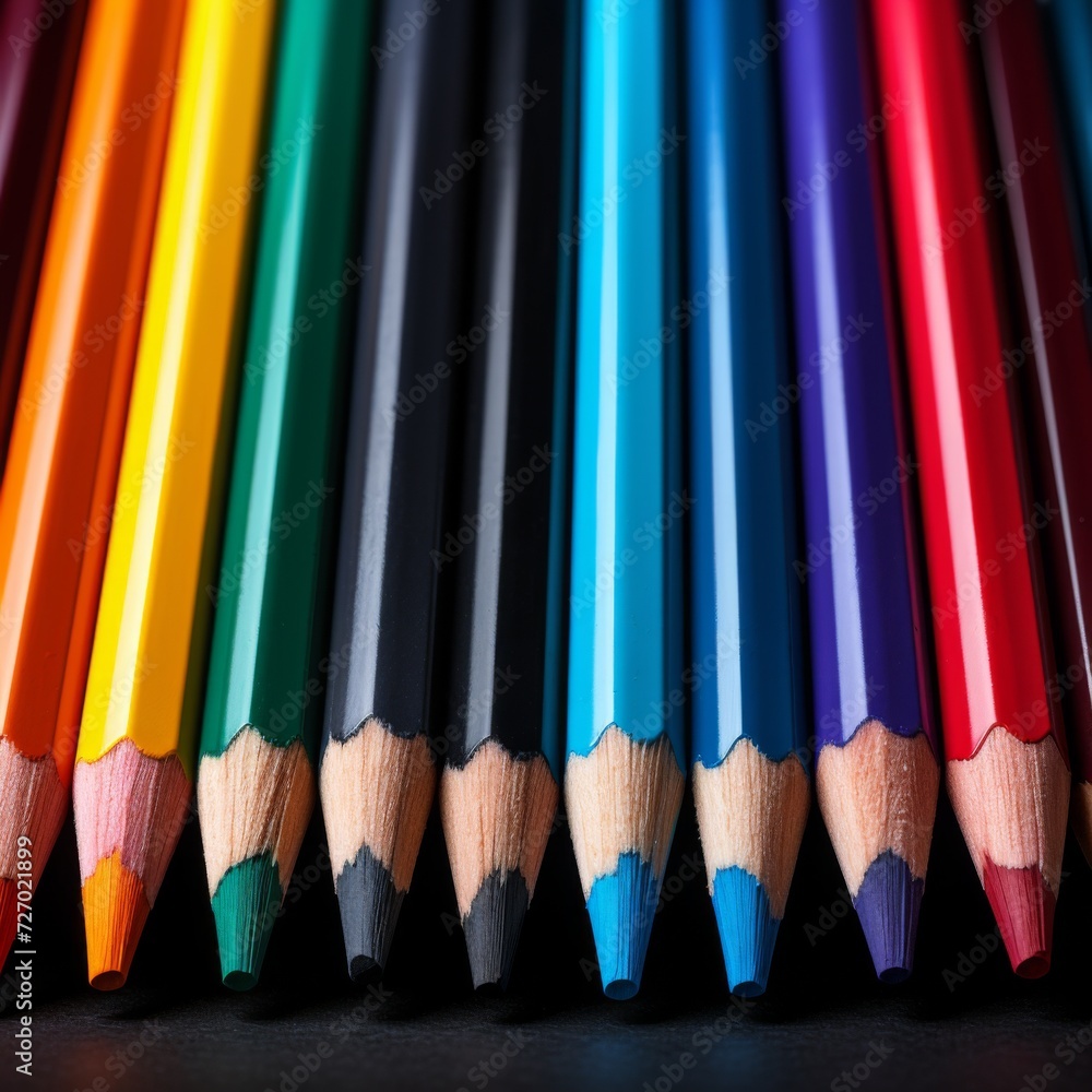 Colored crayons on a black background. Generative AI. Colored crayons on a black background. Generative AI.