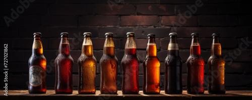 A bottle of beer on a dark background. Generative AI.