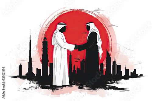 two Arabs shaking hands in front of a city