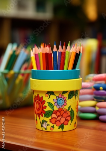 Colored crayons in a cup placed on a table in the interior of a kindergarten. Generative AI.