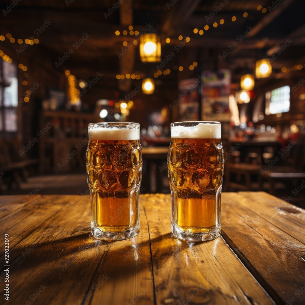 Two glasses of beer on a wooden table in a pub. Generative AI. Two glasses of beer on a wooden table in a pub. Generative AI.