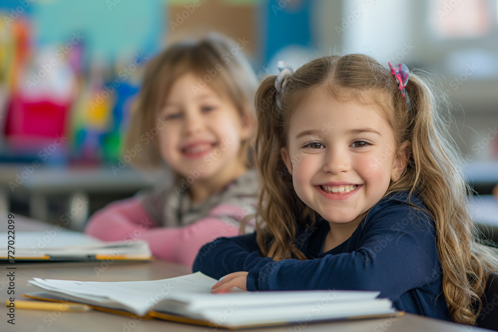 Fototapeta premium two little girls in class studying while smiling