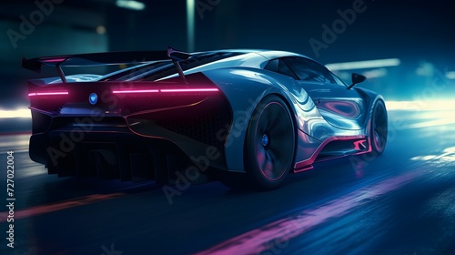 A sports supercar navigating a futuristic night highway © wizXart