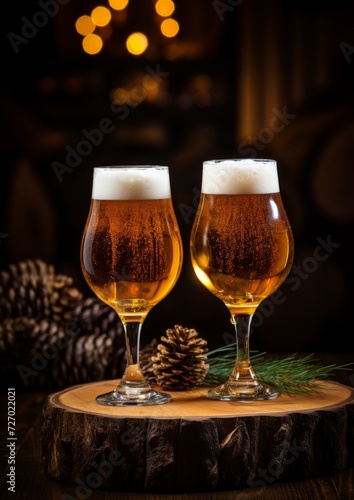 Two glasses of beer on a wooden table in a pub. Generative AI.