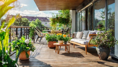 Beautiful of modern terrace with wood deck flooring, green potted flowers plants and outdoors furniture. Cozy relaxing area at home back yard. Sunny stylish balcony terrace in the city