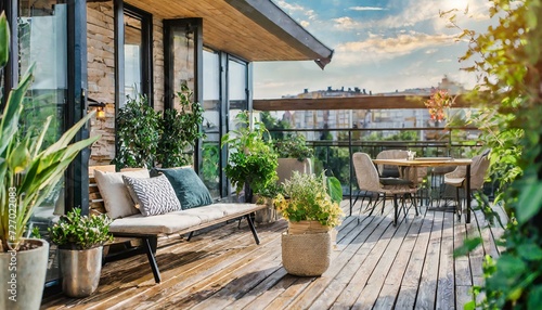 patio with chairs and tables  Beautiful of modern terrace with wood deck flooring  green potted flowers plants and outdoors furniture. Cozy relaxing area at home back yard. Sunny stylish balcony terra