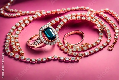 Generate an AI-crafted image showcasing the unparalleled beauty of a high angle shot capturing a beautiful ring and necklaces arranged on a captivating pink surface