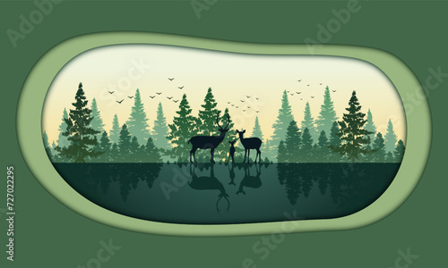 The deer animal silhouettes stand out against backdrop of towering pine trees, creating a sense of nature artistry, illustration paper art or cut style of an background.