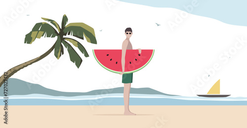 illustration of vacation at the beach welcoming summer. Man on holiday at the beach carrying watermelon with natural scenery in the background. design with the concept of vacation and enjoying summer