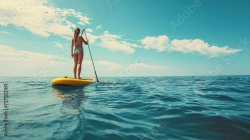 Woman stand up on paddle board in sea. Big yellow board in turquoise water © Ruslan Gilmanshin