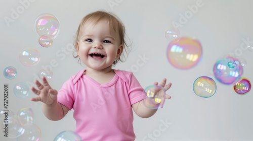A toddler in a pink t-shirt, giggling while playing with bubbles, t-shirt mockup