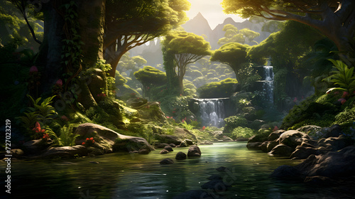 Fantasy forest with waterfall   Beautiful Anime Scenery of the Eternal Hunting Free Photo  