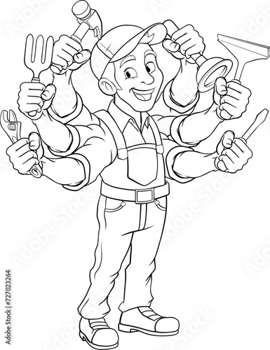 A handyman cartoon handy man caretaker construction worker or maintenance man multitasking caretaker concept.
