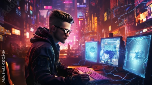 Futuristic cyberpunk hacker surrounded by holographic interfaces, code, and virtual reality elements in high-tech scene