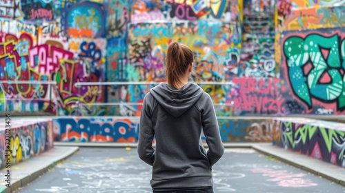 A woman in a charcoal grey hoodie, standing on a graffiti-filled street, with colorful murals behind her, 
 hoodie's mockup