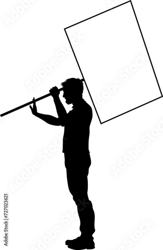 Protestor or demonstrator at a demonstration march, picket line or strike protest rally in silhouette. Holding up a banner or picket sign board placard.