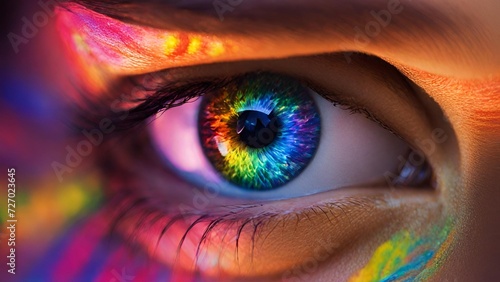 Photo the eye of a young woman in the colors of the rainbow