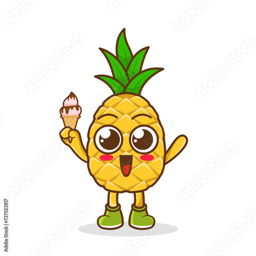 Cute Cartoon pineapple fruit character holding ice cream cone