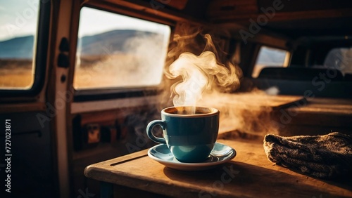 Steaming cup of coffee in a van life campervan living the slow life