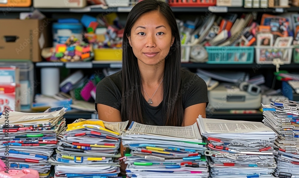 woman buried in paperwork, evoking a sense of urgency and stress in a bustling office