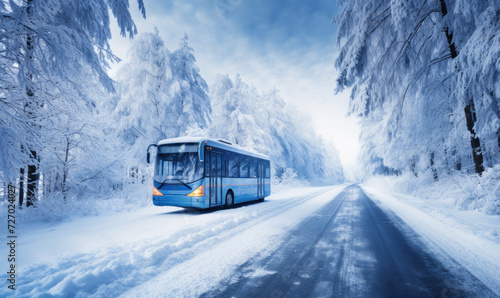 Snow-covered icy road with bus, road safety in winter in difficult weather conditions