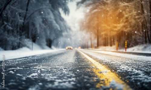 Snow-covered icy road with cars, road safety in winter in difficult weather conditions photo