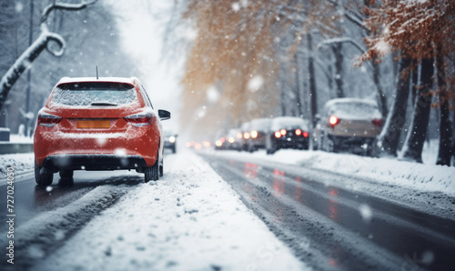 Snow-covered icy road with many cars, road safety in winter in difficult weather conditions