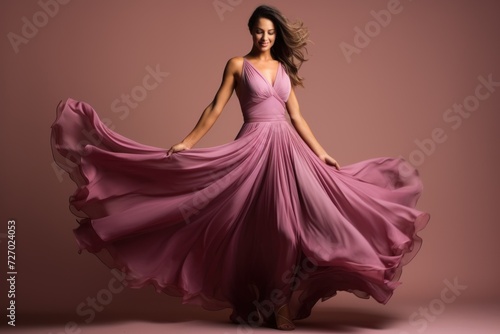 Woman in pink dress, fashion model in long silk dress fluttering in the wind, girl in flying fluttering fabric