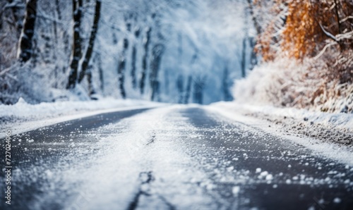 Snow-covered icy road among trees, road safety in winter in difficult weather conditions © Jam