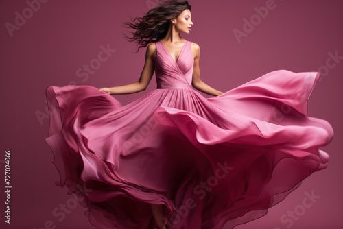 Woman in pink dress, fashion model in long silk dress fluttering in the wind, fantasy girl in flying fabric
