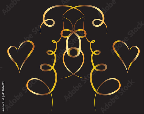 Fantasy graphic pattern with swirls and hearts. Gold gradient on a black background for printing on fabric, applique and cards.